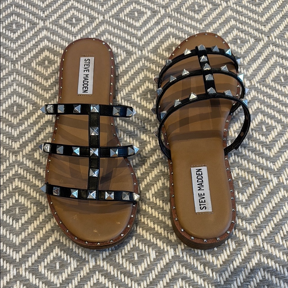 Steve Madden Black Studded Multi-Strap Slide Sandals with Tan Footbed
